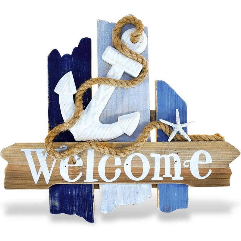Panneau mural nautique en bois avec étoile de mer et ancre, décor de plage côtière