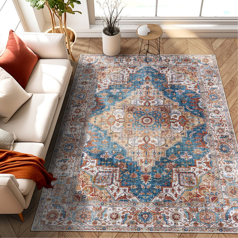 Area Rug 5X7 Vintage Bohemia Large Persian Non-Slip Washable Rug For Living Room Kitchen Bedroom Living Room Flower Design Blue/Yellow