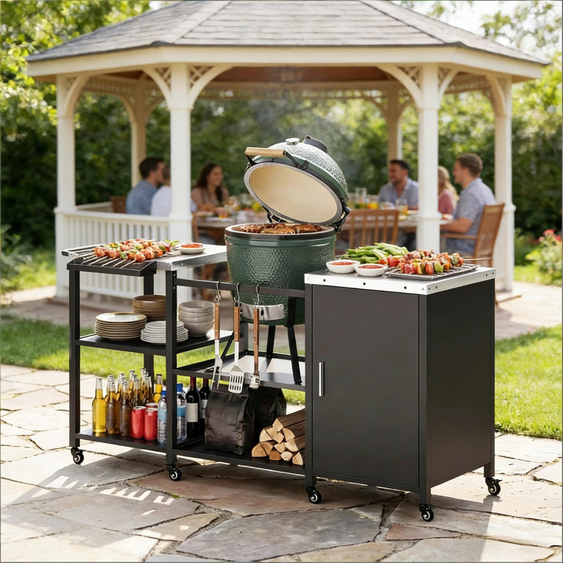 Table de préparation de barbecue en métal robuste, table de gril, chariot de gril (table de gril seulement, gril à gros œufs non inclus)