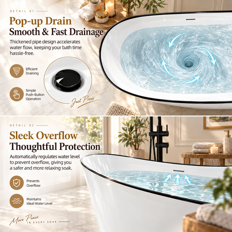 Baignoire de trempage autoportante en acrylique double 59 po, baignoire profonde ovale blanc brillant avec rebord noir, drain central et conception incurvée ergonomique pour salle de bain moderne