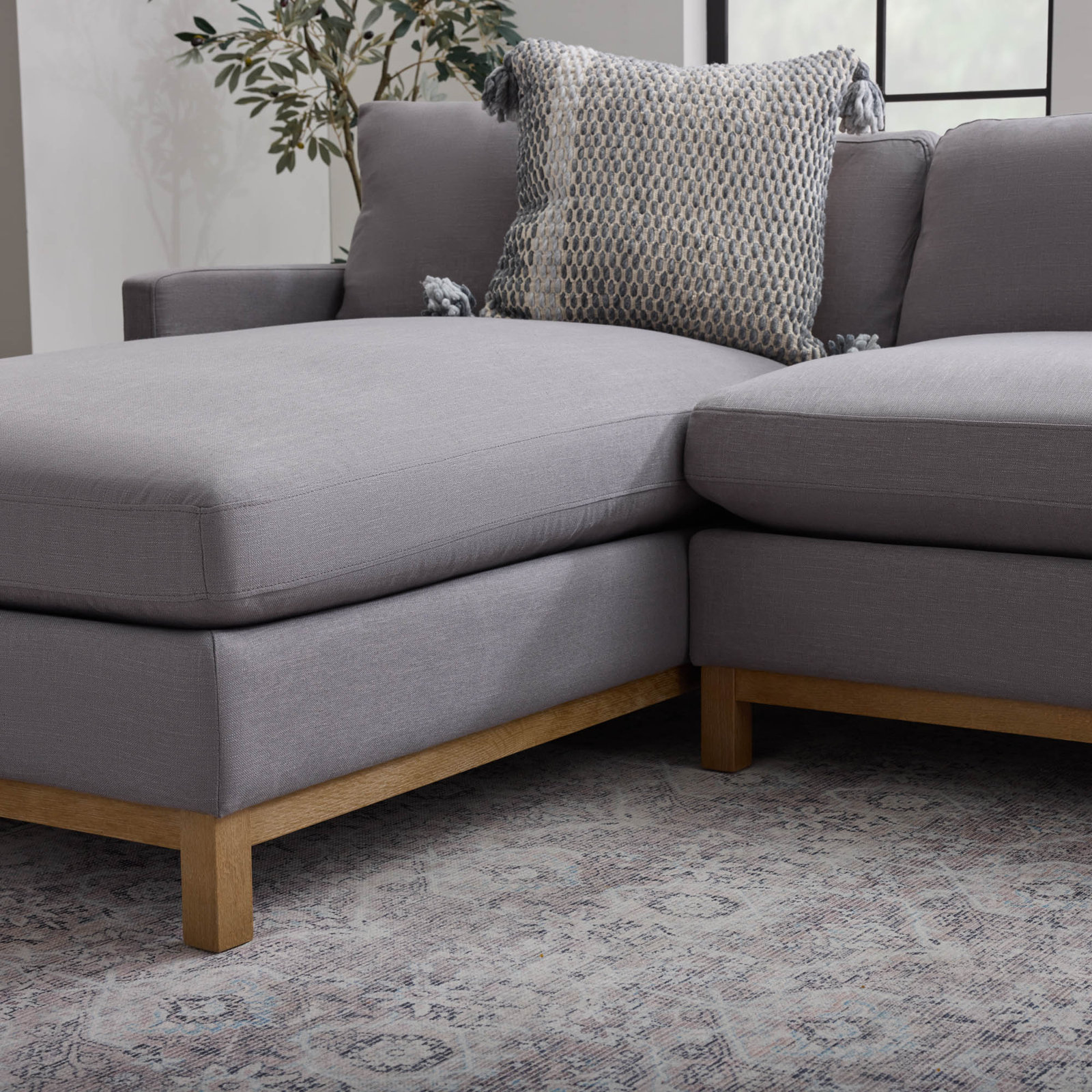 Cami Solid Wood Sofa and Chaise, Left Hand Facing, Pewter Performance Basketweave