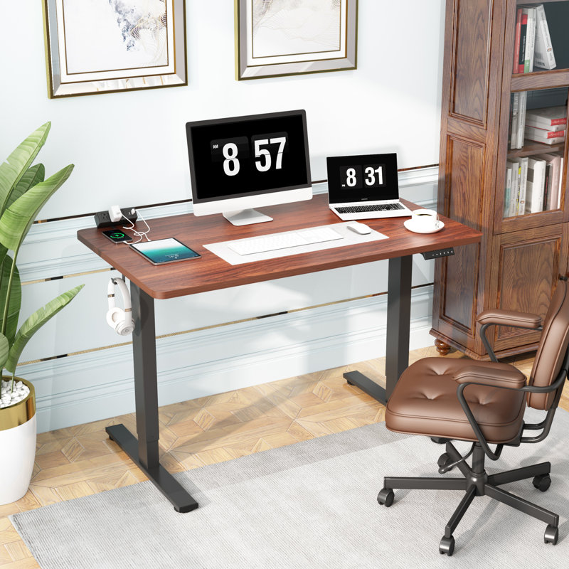 Adjustable Standing Desk, Whole-Piece Desktop, Mahogany/Black, 48" W x 30" D