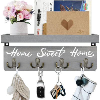 Solid wood wall mounted key and mail storage rack, hook style home decoration, suitable for gray