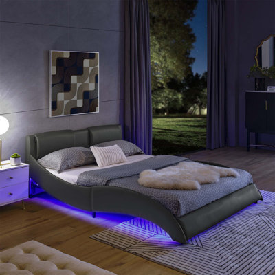 Led Bed Frame Modern Faux Leather Upholste Platform Bed Frame With RGB LED Lights And Headboard Wave Like Curve Low Profile Bed Frame,Wood Slats Suppo -  Ivy Bronx, 1DDAB44D21254537B433F2953BA75A8C