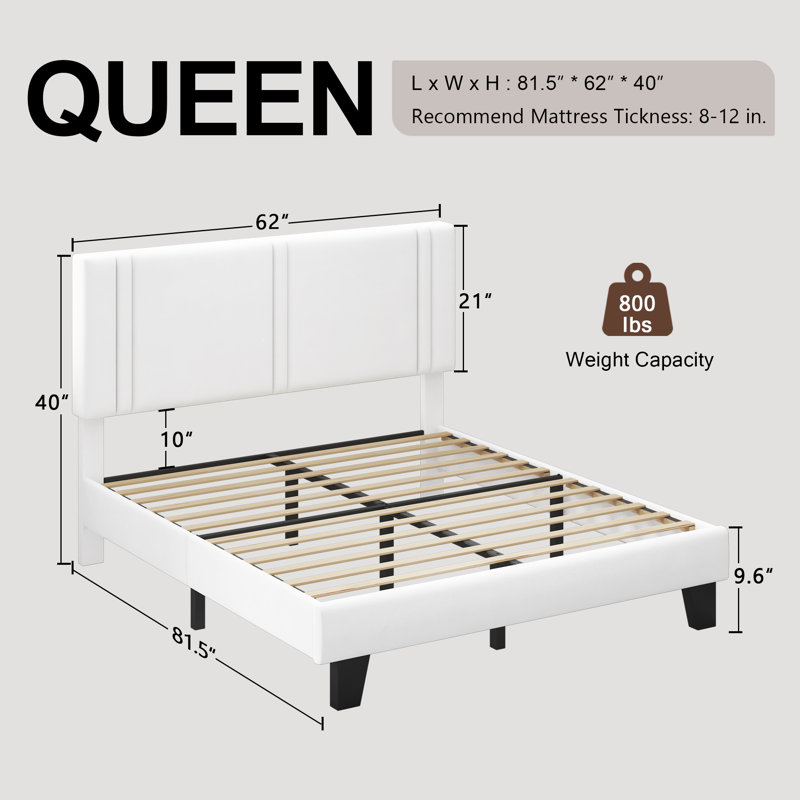Structure de lit tapissier grand avec tête de lit en tissu de velours, support de lattes en bois robuste, silencieux, sans sommier tapissier, blanc 