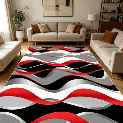 1PC Modern Geometric Wavy Stripe Red Black White Gray area rugs for Living Room, Soft and Comfortable, Suitable for all seasons, easy-to-maintain, machine washable Indoor floor mat, Under Table Farmhouse suitable for living room, dining room,