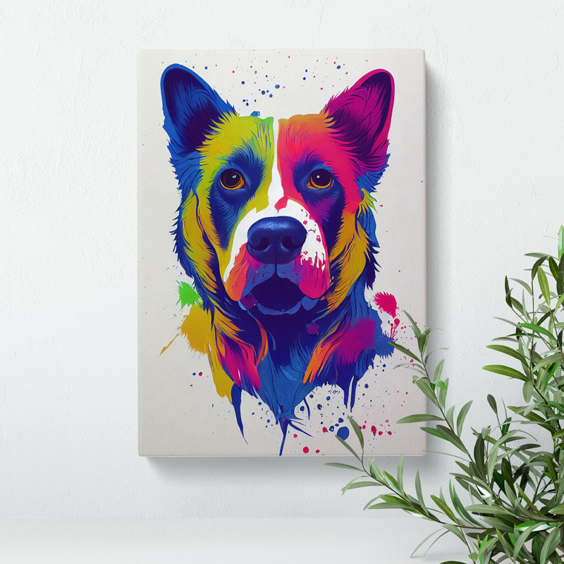 Colourful Dog No.3 - Wall Art, Wrapped Canvas, 50cm H x 35cm W x 3cm D, White