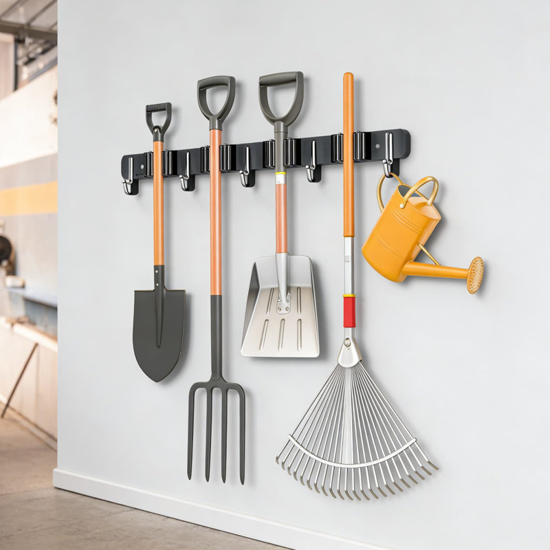 Porte-balai mural robuste en acier inoxydable 304 avec 4 supports et 5 crochets - Noir, H 1,18 po x l 16,53 po x P 2,56 po