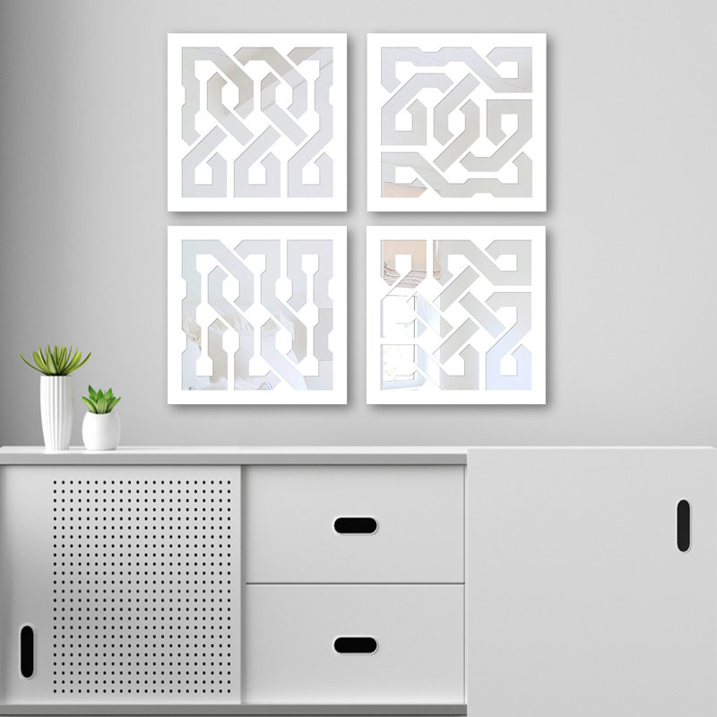 Elegant Mirror Set (4 Pieces), Silver Finish, 7.9 x 7.9 inches | 100% Glass with 0.12 inch MDF Laser Cut Pattern | Easy Wall Hanging Design | Perfect for Home Decor, Living Room & Bedroom Accents