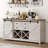 Farmhouse Sideboard With Sliding Bar Door And 2 Power Outlets/2 Usb Ports, Buffet Cabinet, Wine Racks, 3 Extra Drawers And 2 Storage Cabinets With Adjustable Shelf For Dining, Rustic White