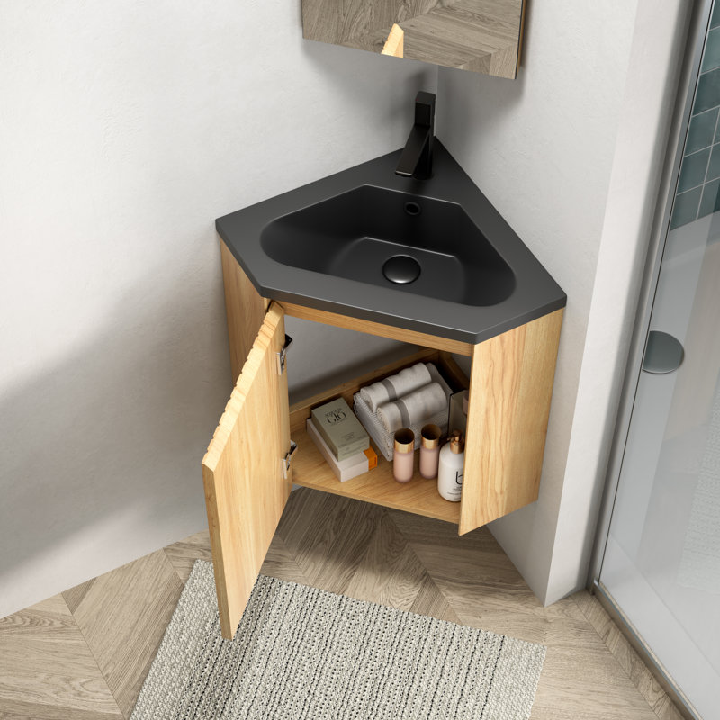 Meuble-lavabo moderne peu encombrant avec lavabo en résine, conception à grain de bois compact