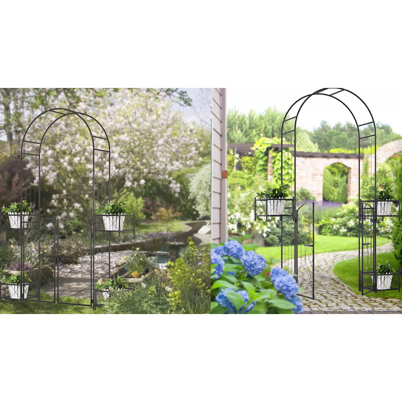 Black Metal Garden Arbor with Scrollwork Hearts and Planter Boxes