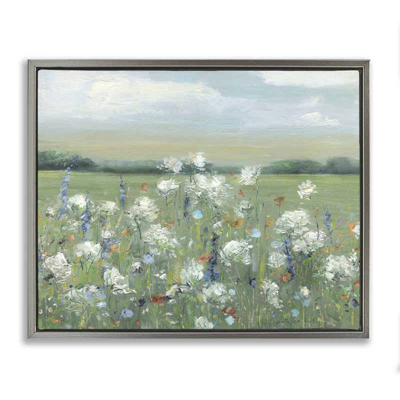 Fleurs de prairie tachetées dans un champ, Cadre flottant gris lustré, H 17 po x l 21 po