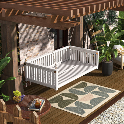 Twin Size Outdoor Swing Bed With Minimalist Wooden Frame And Ropes