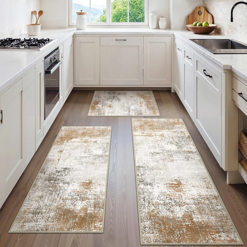 Ensemble de tapis de cuisine antidérapant, tapis de sol abstrait lavable et imperméable, Doré / Blanc