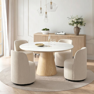 Set Of 4 Upholstered Kitchen & Dining Room Barrel Chair, Mid Century Modern Round Linen Dining Chair, 360 Degree Swivel Comfy Armless Accent Makeup Vanity Side Chair for Bedroom Living Room