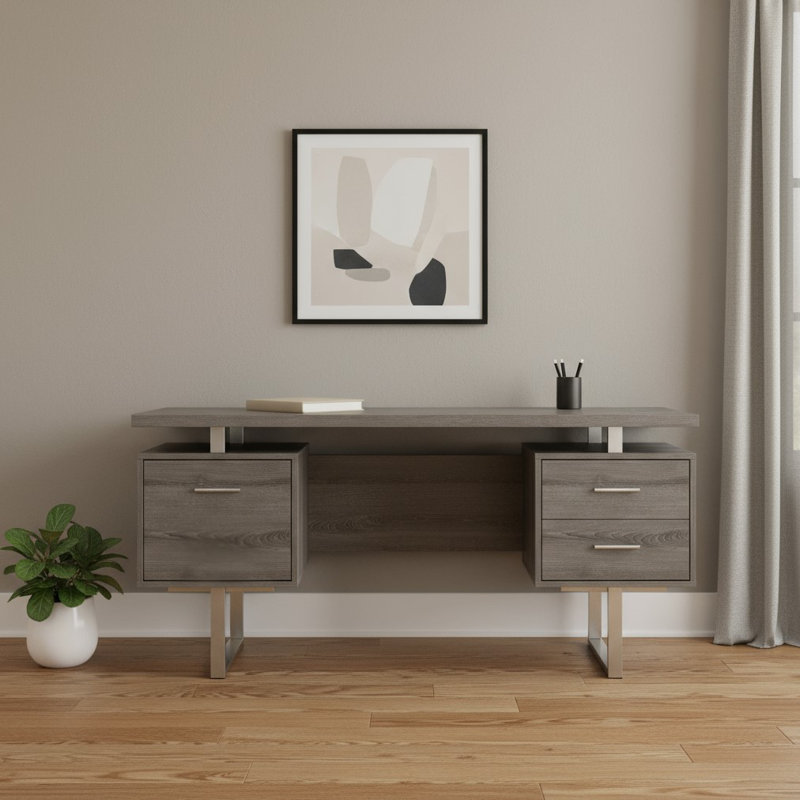 Bureau d'ordinateur 60 "à trois tiroirs taupe et argent