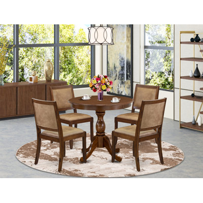 C8CDEFDA0B1E40A798528FB106A36EDE - Ensemble repas 5 pièces comprenant une table ronde et 4 chaises empilables en similicuir, noyer antique