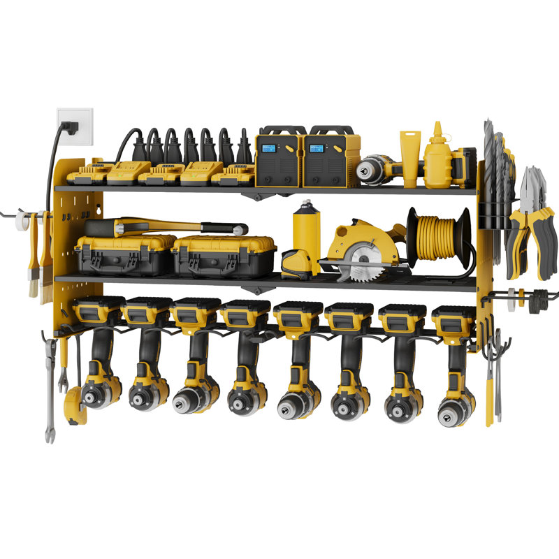 Power Tool Organizer with Charging Station Garage 8 Drill Holders Wall Mount with 8 Outlets, Yellow