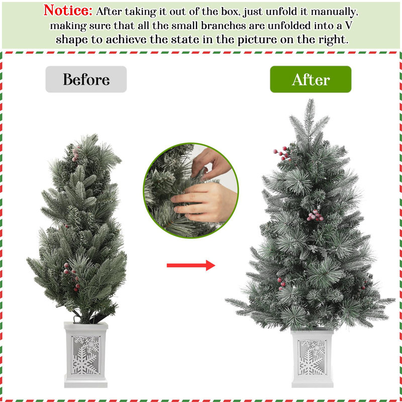 Christmas Tree - 3Ft Imitation Fibre Optic Light Flocking Tree 78 Warm White LED Lights, 8 Modes, Snowflake Light Box Base