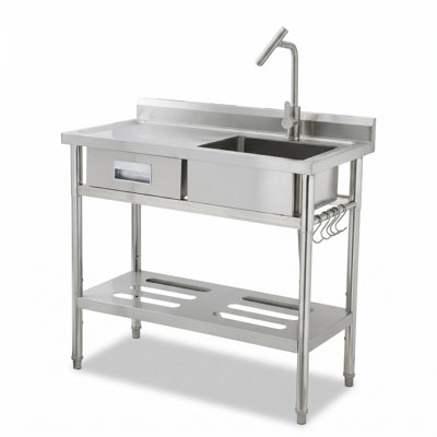 Évier utilitaire autoportant en acier inoxydable de 39 po x 20 po x 37 po - Armoire gauche et plateforme droite avec tiroir et robinet en T - Grande capacité de lavage, cuisine, garage, lavabo utilitaire commercial