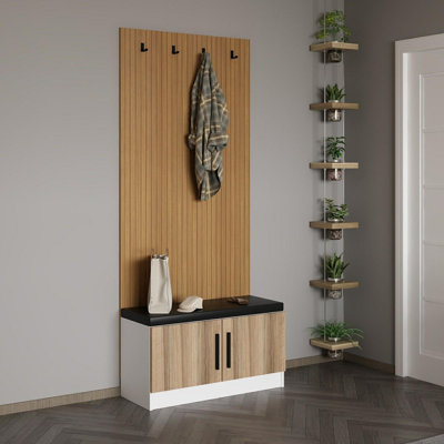 Modern Hall Stand, Walnut Finish, 35.4 x 82.7 x 13.8 inches | 100% Melamine Coated Particle Board, Thickness: 0.7 inches | Stylish & Functional Storage Solution for Entryway & Hallway | Elegant Design
