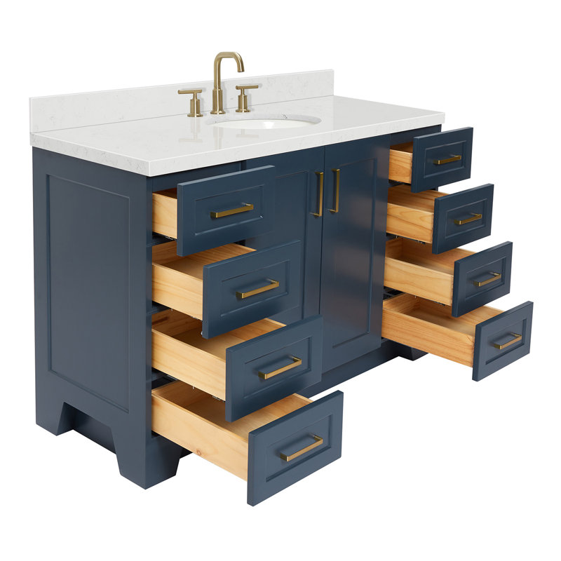 Ensemble de meuble-lavabo simple 55 po en bois massif bleu minuit avec plateau en quartz blanc pur 1,5 po Freitas, Ovale