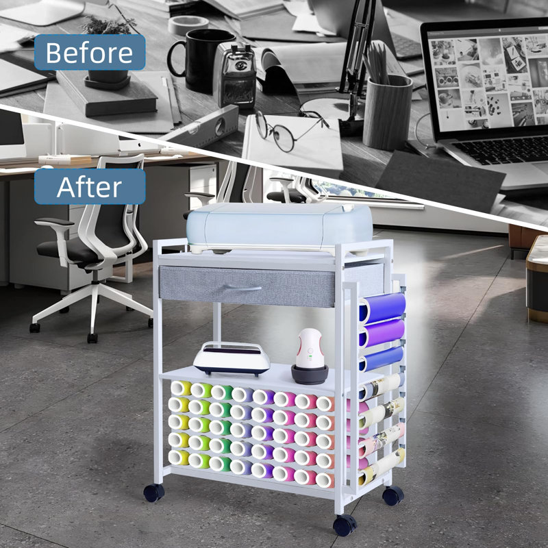 Chariot de rangement de bricolage compatible avec la machine Cricut, table de bricolage avec roues et 47 porte-rouleaux, solution de rangement mobile pour la salle de bricolage