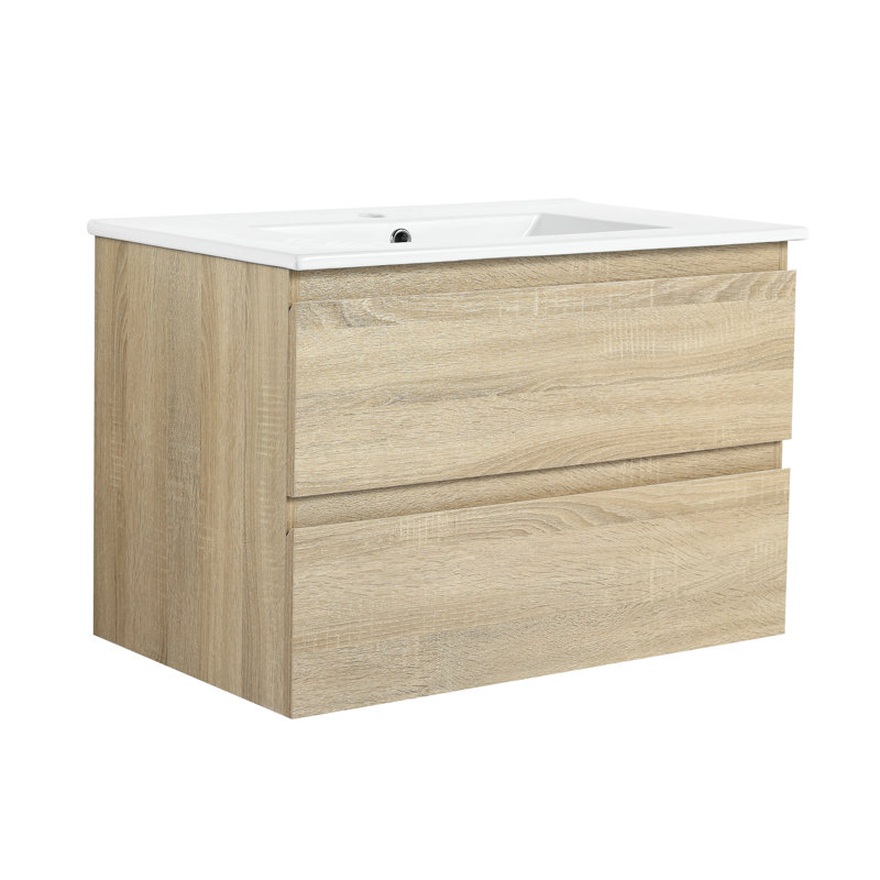 Meuble-lavabo 30 po avec lavabo en céramique et 2 tiroirs à fermeture en douceur - fixation murale en chêne et 2 finitions douces