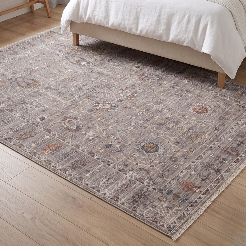 Tapis de sol gris traditionnel oriental tissé à la machine en polyester, motif traditionnel, Medium — 5'3" x 7'7"