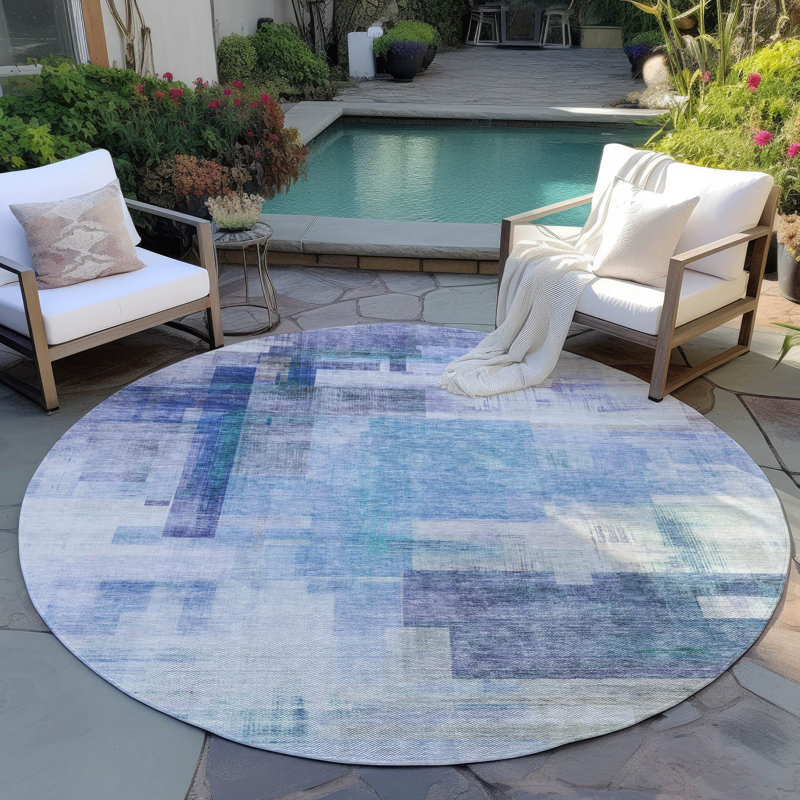 Tapis bleu intérieur / extérieur lavable à la machine Chayden ACN1067, Rond 8 pi
