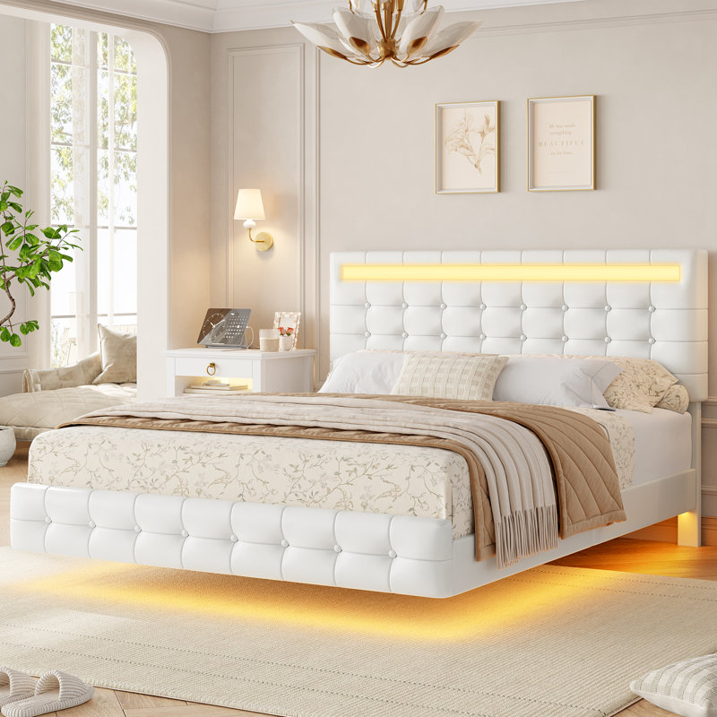 Ensemble de chambre à coucher 3 pièces, lit plateforme flottant en PU avec éclairage DEL et 2 tables de chevet à 3 tiroirs