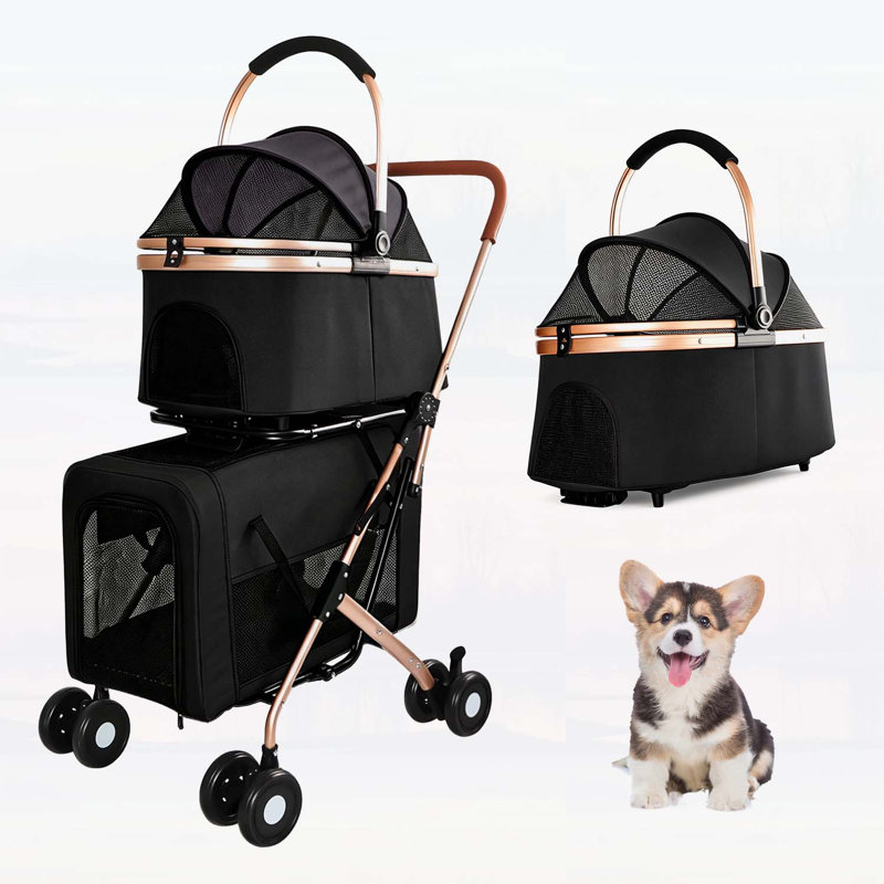 Poussette double pour chiens et chats, cadre pliable, sac de transport convertible 3-en-1, roues antichoc, système de frein, laisses de sécurité fixes pour animaux de compagnie de petite et moyenne taille dans les maisons multi-animaux