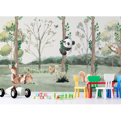 Murale Panda Forest, pour enfants | Papier peint chambre de bébé animaux de la forêt | Non-tissé ou pelez et collez