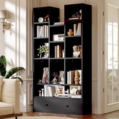 Bibliothèque moderne avec tiroirs, bibliothèque de 64,7 po de hauteur avec armoire de rangement, tablette de présentation asymétrique en bois avec dispositif anti-basculement, tablettes d'angle pour le salon, la chambre à coucher, le bureau personnel, noir