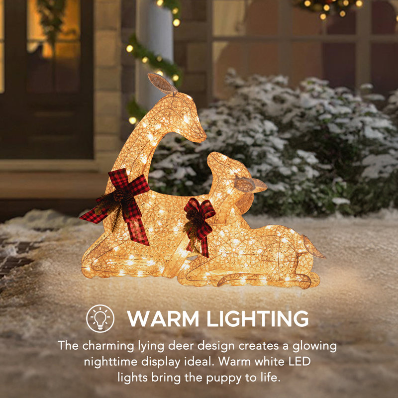 Sunjoy 2-Piece Lighted Lying Deer with Red Bows