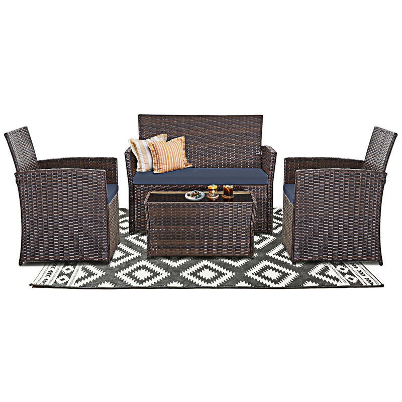 Ensemble de canapés modulaires d'extérieur 4 pièces, Coussin bleu / cadre brun