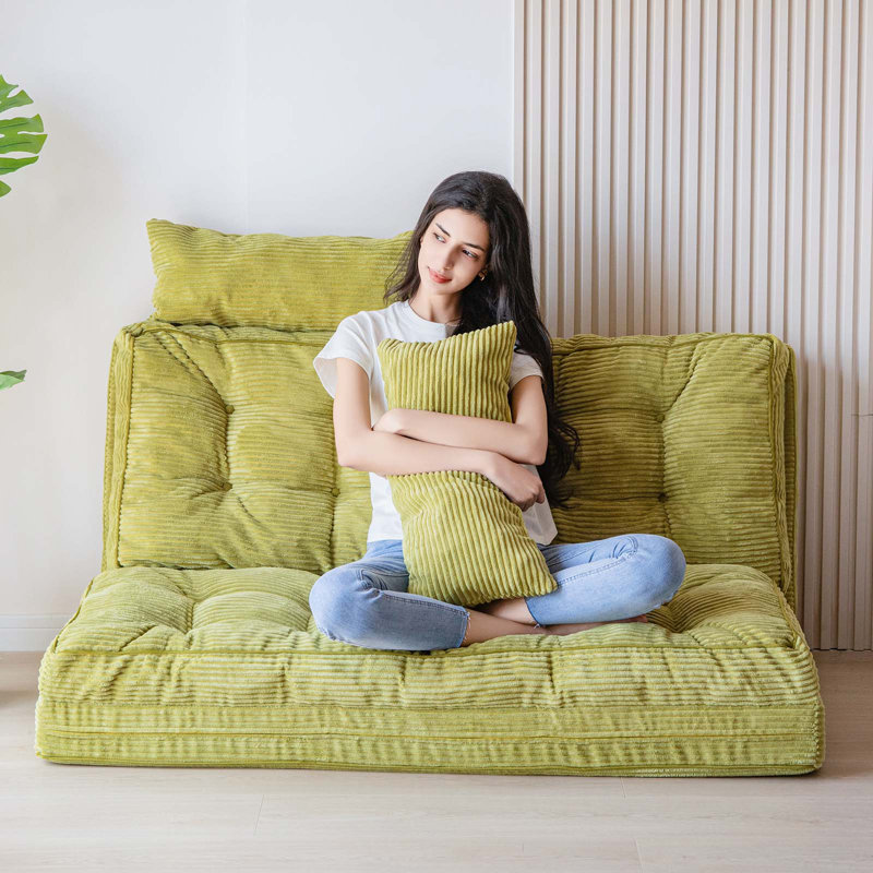 Corduroy Bean Bag Chair Tufted Folding Sofa Bed with Pillows, Green Corduroy, 4.7" H x 54" W x 91" D
