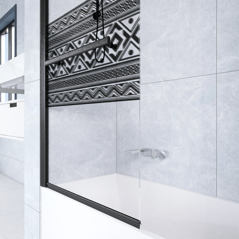 32 In. W X 55 In. H Shower Door Bathtub, 1/4" Thick Bohemian Pattern Tempered Glass  Shower Door In Matt Black With Stainless Steel Handle