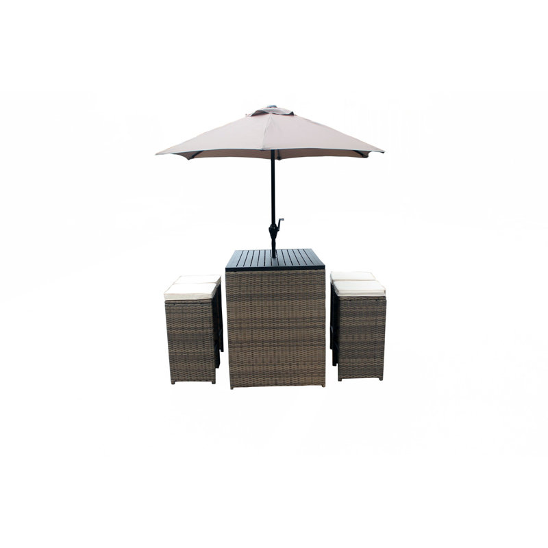 Six Piece Faux Wicker Outdoor Bar Height Table Set with Umbrella and Stools