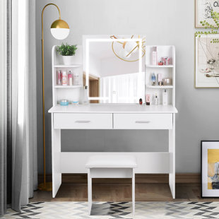 Makeup Vanity Desk with Mirror and Lights Adjustable Brightness 3 Color Modes for Bedroom White, Size: 42.9 x 20.5 x 56.1