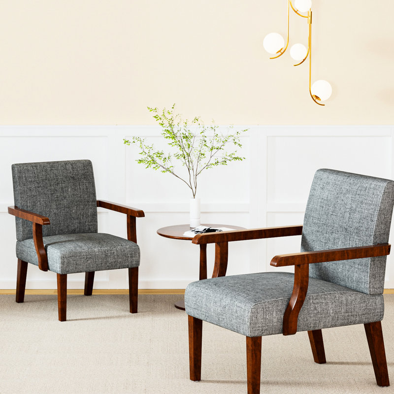 De 2 fauteuils d'appoint en tissu gris avec table ronde en bois, structure en bois franc pour la chambre à coucher, le salon et le bureau