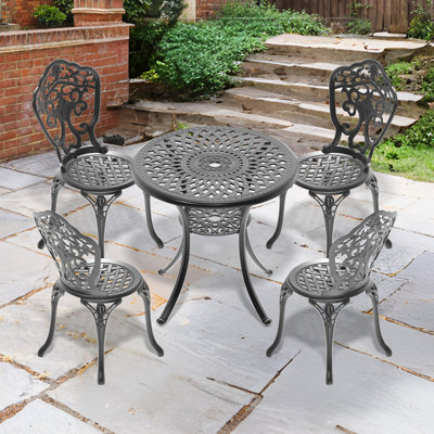 Cast Aluminum Dining Furniture For 4, Black, Fine Carvings, Material, Base Black Frame, Exquisite Patterns, Weather- Finish, Fatigue Seats