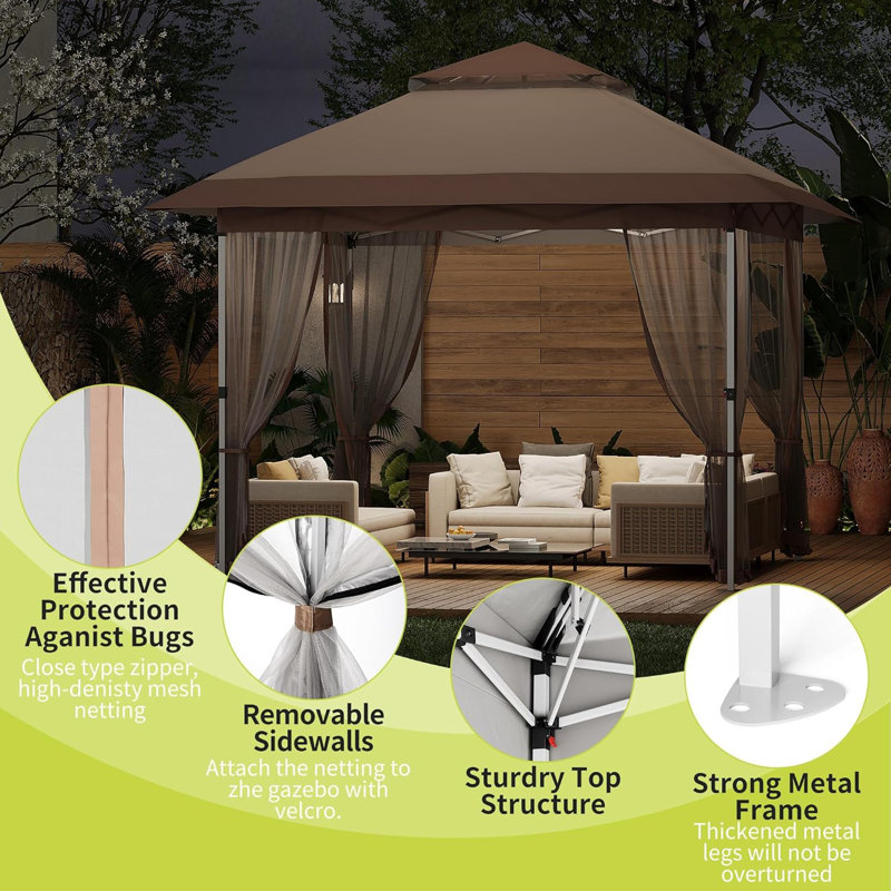 10x10 Ft Pop Up Gazebo, Canopy Tent With Mosquito Netting, Adjustable Height Outdoor Gazebo With Wheeled Carry Bag For Backyard, Garden