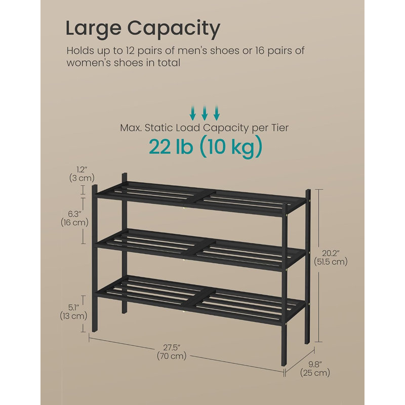 Étagère à chaussures en bambou, organisateur de chaussures empilable à 3 niveaux, pour 12 à 16 paires, étagère à chaussures en bois peu encombrante avec structure modulaire, noir encre