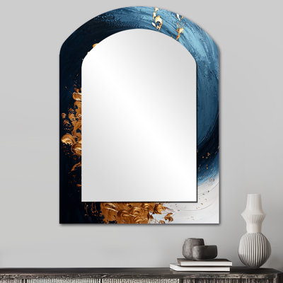 Bleu et or en spirale majestueux Vortex I - miroir mural en spirale abstrait, miroir décoratif asymétrique doré, impression sur métal