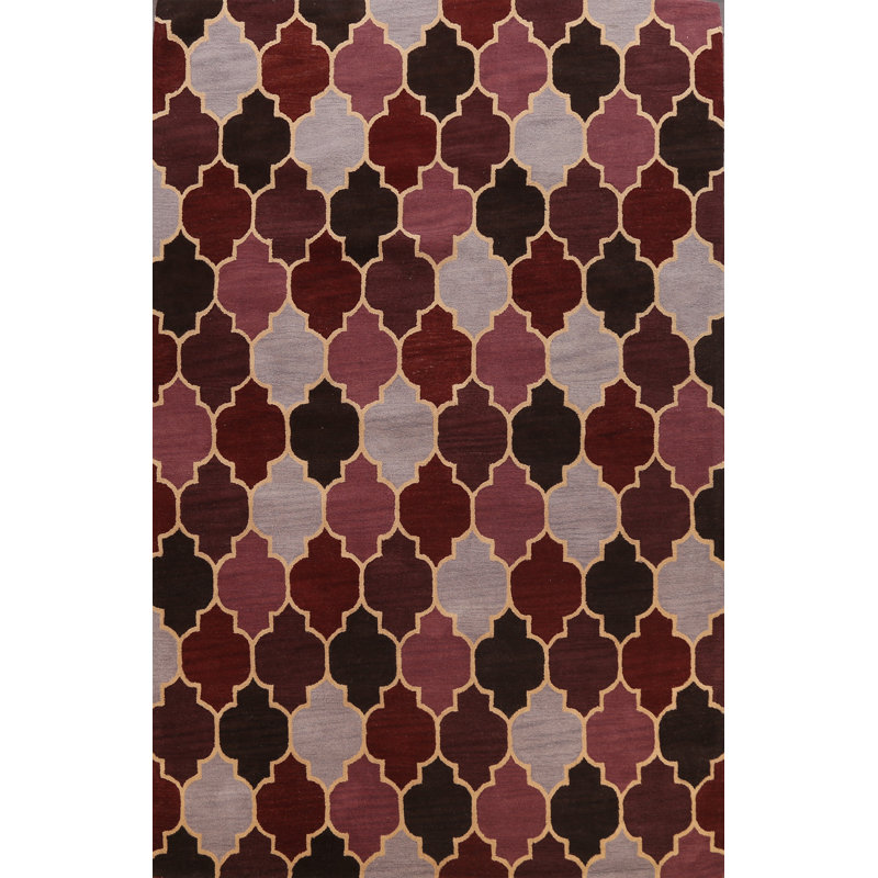Tapis rouge / noir / beige en laine touffeté à la main à motif géométrique