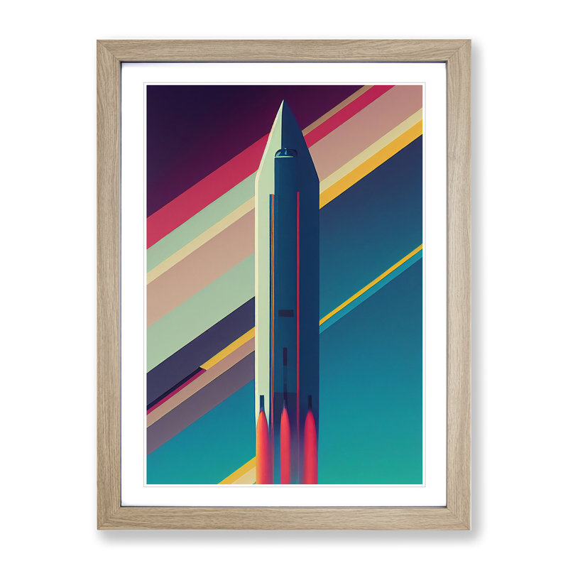 XV1022-4008X Spaceship Rocket Stripes - Single Picture Frame Print, 46cm H x 34cm W x 2cm D, Oak