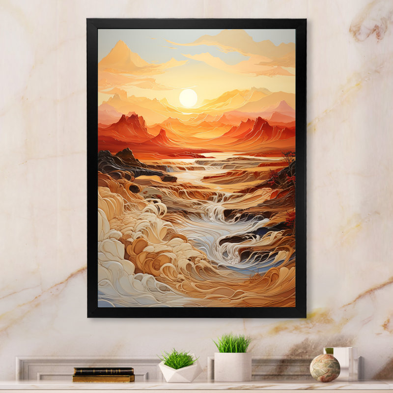 «Orange Bold Waterfall Sunrise I», art mural abstrait, Cadre flottant noir, H 32 po x l 24 po x P 1 po