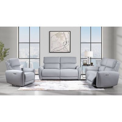 Jeromie 3 Pieces Gray Faux Leather Power Motion Living Room Set W/USB Port